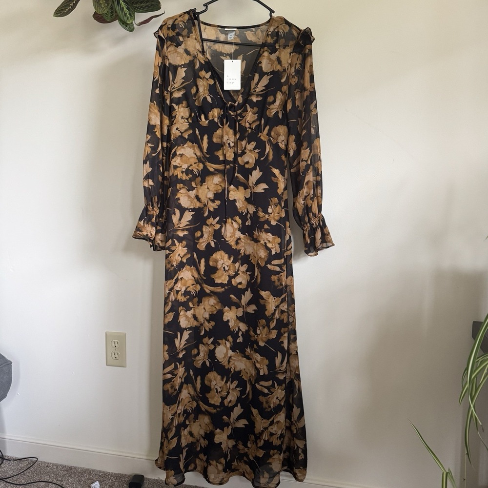 NWT A New Day Black Gold Floral Chiffon Maxi Dress Tie Front Size XS